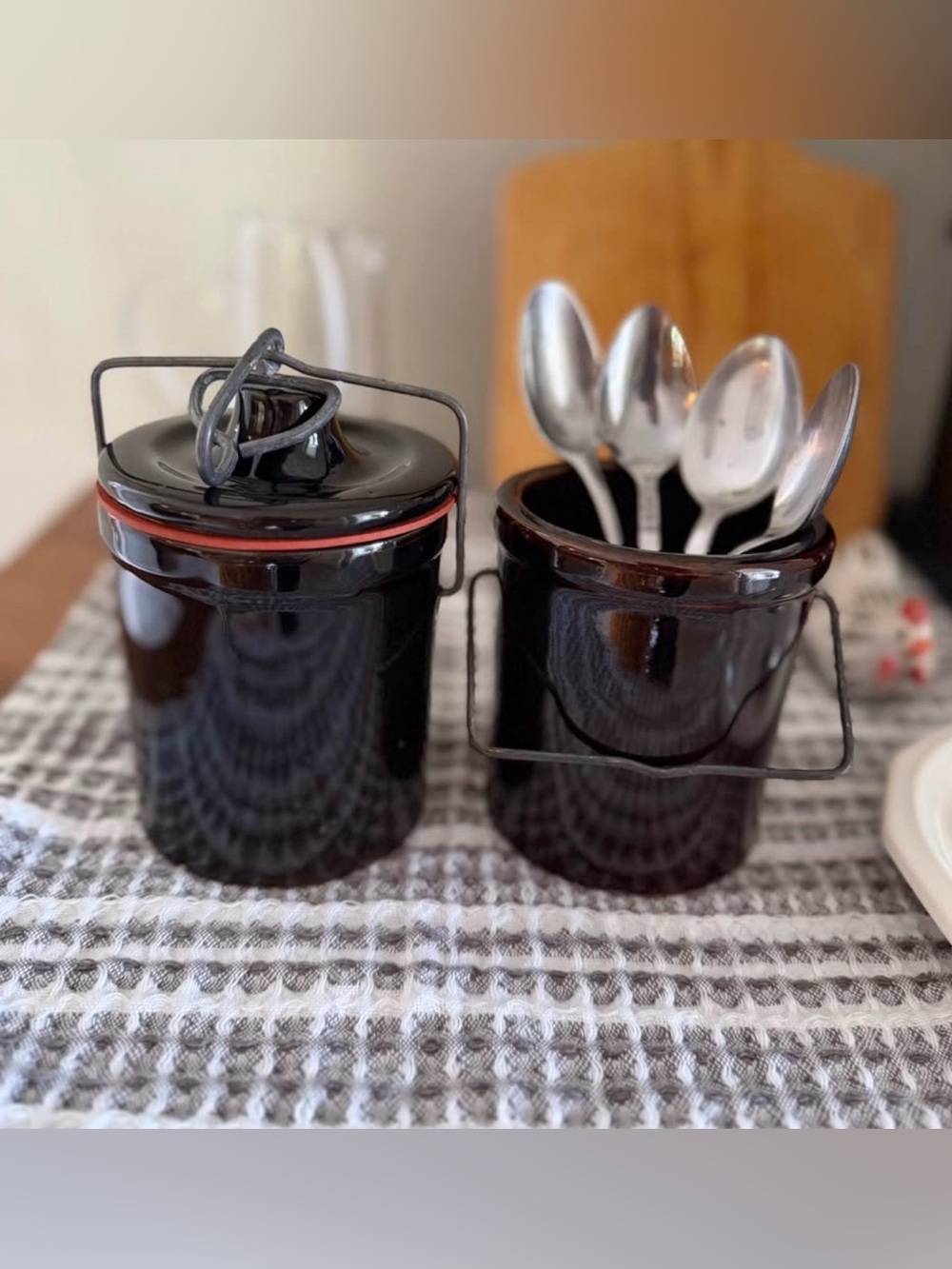 Vintage Dark Brown 5” Stoneware Cheese Pot Crock with Wire Bale Handle-Set of 2